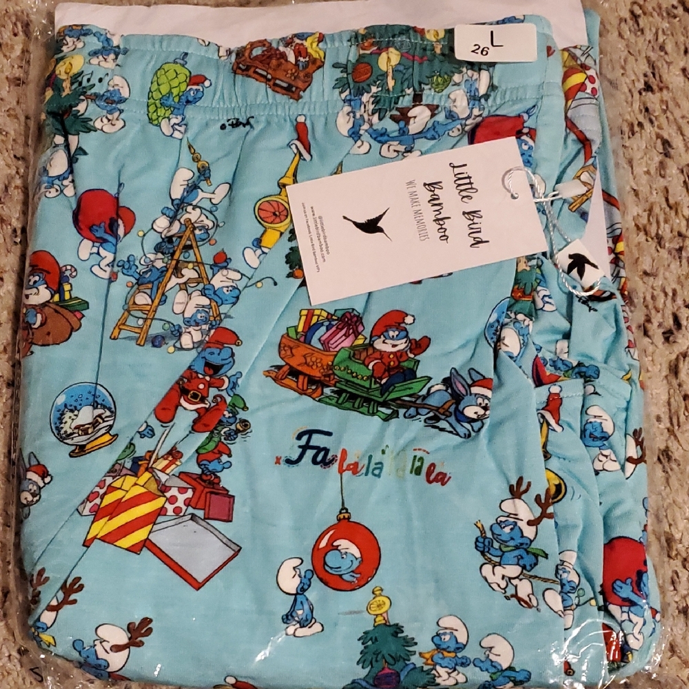 Little Bird Bamboo Christmas Smurfs Adult Jogger Pants Size Large.